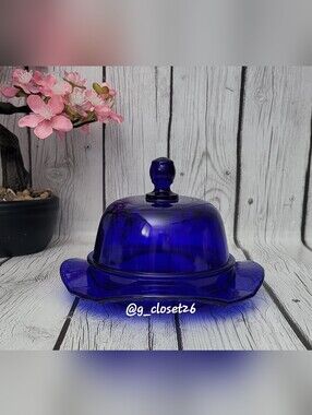 Vtg. Cobalt Blue Glass Butter Dish with Dome Lid